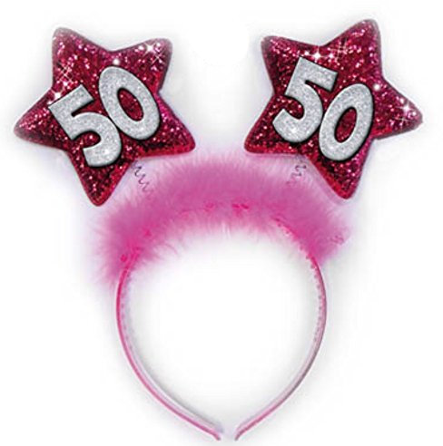 Haarreifen mit Sternen mit der Zahl 50, Fuchsia, Geschenkidee oder Scherzartikel zum 50. Geburtstag