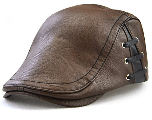 Kuyou Herren Gatsby Flatcap PU-Leder Schiebermütze Ivy Schirmmütze Kappe (Stylische Braun)
