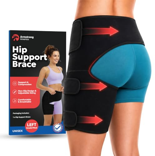ARMSTRONG AMERICA Hip Brace Thigh Compression Sleeve – Hamstring Compression Sleeve & Groin Compression Wrap for Hip Pain Relief. Support for Hips, Sciatica, Quad Muscle Strains (Left, Small/Medium)