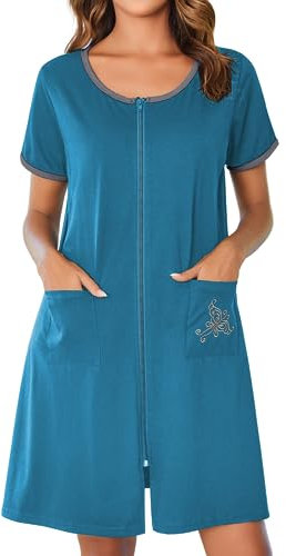 Ekouaer Bademäntel mit Reißverschluss für Damen, kurze Ärmel, Reißverschluss, Hausmantel, kurzer Bademantel, leichtes Nachthemd mit Taschen, S-3XL, Pfauenblau, XX-Large