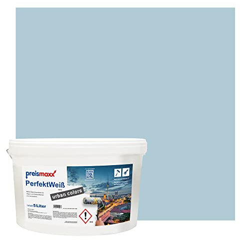 Preismaxx Perfektweiß urban colors, bunte Wandfarbe, blau, nebelblau, mist blue 5L, Innenfarbe, hohe Deckkraft Klasse 2, matt
