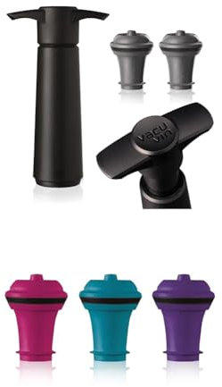 Vacu Vin 09814606 Weinpumpe schwarz mit 2 Stopfen & 08850606 Ersatzstopfen farbig 3-er Set