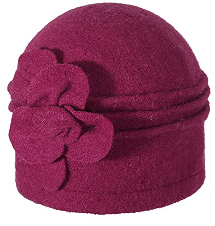 ZLYC Damen Winter Wolle Fischerhüte Blumen 1920s Vintage Bowler Hut (Blume Himbeere),Gr.Einheitsgröße
