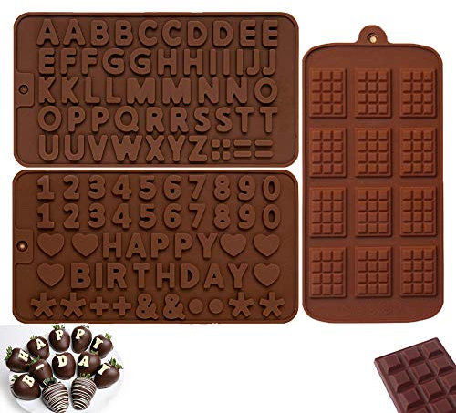 Moldes de chocolate de silicona, 3 moldes de chocolate con letras y números, antiadherentes para hacer dulces de chocolate para gelatina, pudín, magdalenas, velas, jabones, tartas de helado y fondant