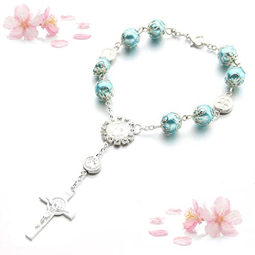 Floatdream Bracelet Catholique, Bracelet Croix Perle, Bracelet Croix, pour Anniversaires, Confirmations, Communions, Baptêmes, Fêtes (Bleu)