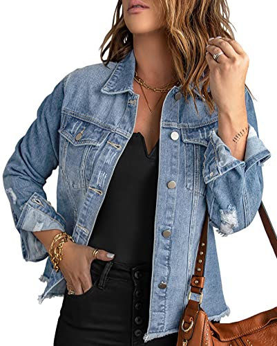 Necooer Denim Jeansjacke Mit Fransen In Distressed Optik Authentics Denimjacke Für Damen Hellblau,M