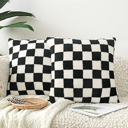 Jonhier Funky Sherpa-Fleece-Schachbrett-Kissenbezug, weich, flauschig, Kunstfell, Wolle, Kissenbezüge für Couch, Sofa, Bett, trendige und niedliche Kissenbezüge für Raumdekoration, 45,7 x 45,7 cm,