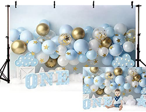 MEHOFOND 2,1 x 1,5 m Junge 1. Geburtstag Fotohintergrund Blau und Weiß Ballon Gold Stern Hintergrund für Fotografie Ersten Geburtstag Dekorationen Banner Neugeborene Kuchen Tisch Fotoautomaten