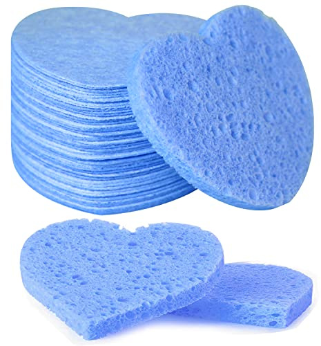 50-Count Facial Sponges - Compressed Natural Cellulose Heart Shape Face Sponge for Face Cleansing, Exfoliating and Makeup Removal, Blue