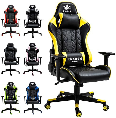KRAKEN CHAIRS Sedia Gaming, Sedia da Gioco, Regolabile in altezza, Ergonomica, Bracciolo regolabile 3D, Poggiatesta regolabile, Cuscino lombare, Nero-Giallo