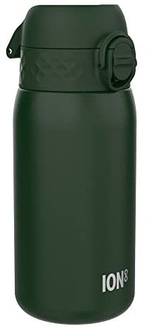 Ion8 Gourde Enfant, Inox Léger, 400ml, Non Isolé, Anti-Fuite, Facile à Ouvrir, Verrouillage Sécurisé, Lavable au Lave-Vaisselle, Poignée de Transport, Acier Inoxydable, Vert Foncé