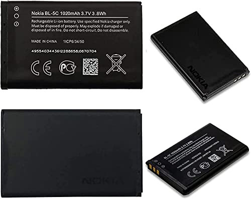 Genuine Nokia Battery BL-5C For C2 01 03 06 C1 7600 N70 1100 1600 2300 3100 3650 6030 6630 6670 6230 1020mAh 3.7V 3.8Wh (BULK PACKAGING) [does not fit new nokia C02]