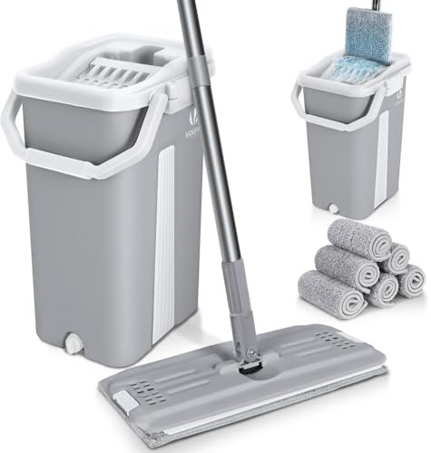 VOUNOT® Juego de Fregona y Cubo Escurridor 2 Compartimentos, Mopa Plana Microfibra con 6 Almohadillas Reutilizables, Trapeador Giratorio 360° Limpieza Suelos Madera, Laminado, Baldosas y Mármol, Gris