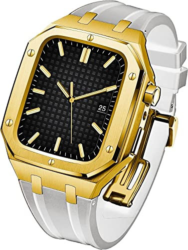 EZZON Fluororubber Uhrenarmband + Uhrengehäuse geeignet, für Apple Watch Armband 44/45 mm, für iWatch Serie 8, 7, SE, 6, 5, 4, modifiziertes Kit, Ersatz-Uhrenarmband, 45 mm, Achat