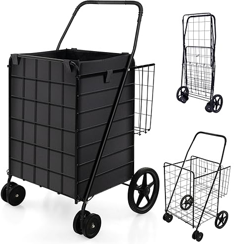 GOPLUS Carro de la Compra Plegable Multiusos 120L, Carrito Compra Portátil Grande con Ruedas Universales y 2 cestas, Bolsa Impermeable Extraíble, Ideal para Lavandería Libro Equipaje, Negro