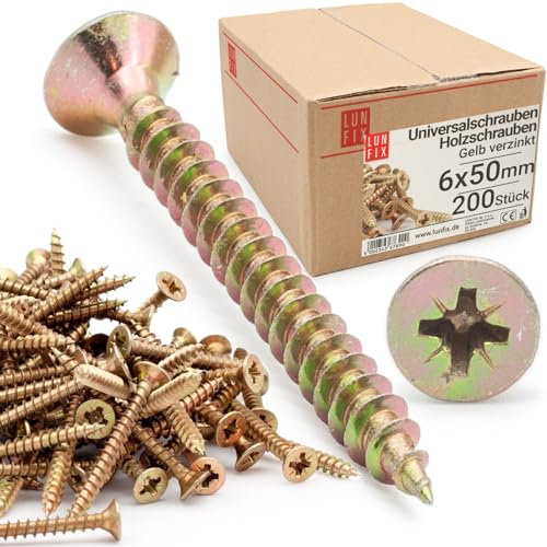 LUN FIX Universalschraube 6,0x50 mm - 200 Stück |Kreuzschlitz PZ3 | Senkkopf | Holzschrauben | GelbVerzinkt | Mehrzweckschrauben| Kreuzschlitzschrauben