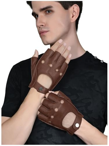 GSG SINCE 1998 Halbfinger Lederhandschuhe Herren – Fingerlose, ungefütterte Fahrhandschuhe aus weichem Kunstleder, atmungsaktiv und flexibel, Geschenkverpackung Braun L