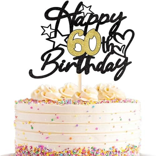 DazzJoy Tortendeko 60. Geburtstag für Frau und Mann - Happy 60th Birthday Cake Topper, Kuchendeko, Glitzer Torten Deko in Schwarz Gold für 60 Jahre Männer und Frauen