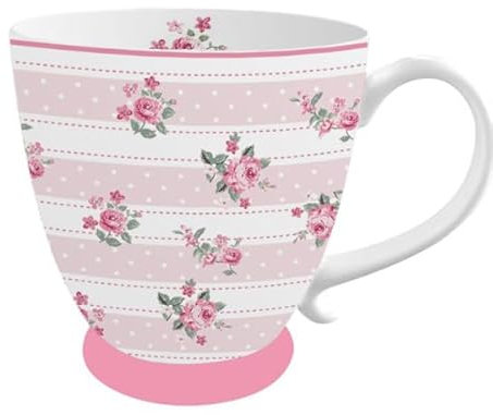 Isabelle Rose - Becher/Tasse - Bella Stripes, Rosen auf rosa/weißem gestreiftem Fond, IRPOR225