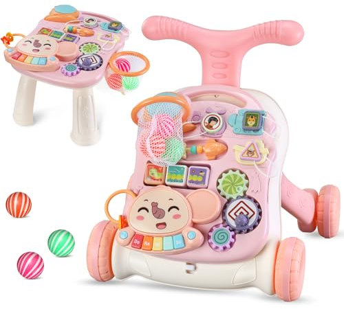 Trotteur 2 en 1 pour s'asseoir et se tenir debout pour bébé de 6 à 36 mois, trotteur pour tout-petits, centre d'activité pédagogique précoce, plateau de jeu amovible, Rose
