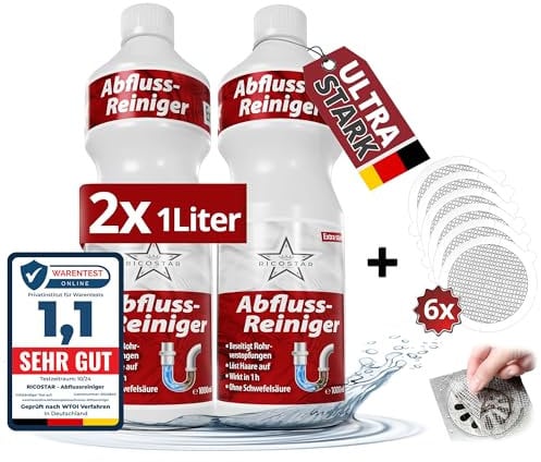 Ricostar Abflussreiniger extra stark [Vom Profi] 2x 1000ml | Made in Germany | Rohrreiniger extrem stark | Rohrfrei extra stark | Abflussfrei extrem stark | Abfluss reinigen
