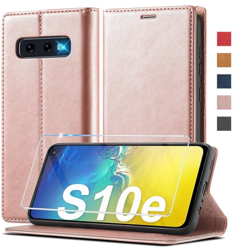 Ailicici Hülle Leder für Samsung Galaxy S10E mit Schutzfolie, Flip Wallet Case mit Kartenfächern, Magnetischer Verschluss, Ständer, Rosa, Hochwertigem PU-Leder, Stoßfest, Klappbar