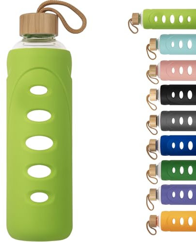 Ferexer Botella de Agua de Cristal de Borosilicato Deportivo 1000ml / 1 Litro, Botella de Agua de Vidrio con Funda de Silicona y Tapa Único