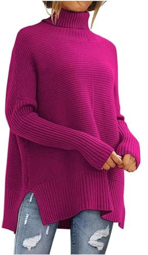 NSICBMNO Hot Pink Women's Tunic Top Long Sleeve Roll Neck Jumper High Neck Oversized Baggy Sweater Ladies Thick Warm Winter Slouchy Knitwear