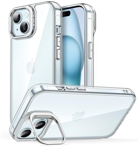 JETech Kickstand Case for iPhone 15 6.1-Inch, Built-in Camera Ring Stand, Non-Yellowing Shockproof Phone Bumper Cover, Anti-Scratch Clear Back (Clear)