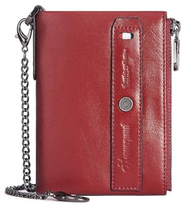 HalfPart Geldbörse Herren RFID Schutz Echtem Leder Geldbeutel Vertikale mit Kette, Slim Wallet Portmonee Klein Geldbeutel Vintage Leder Portemonnaies mit 8 Kartenfächern Geldbeutel,Red