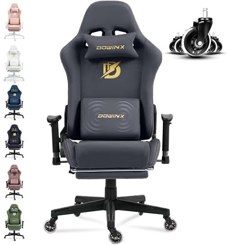 Dowinx Gaming Stuhl, Bürostuhl mit Seidig Glatte Große Räder, Massage Gaming Chair mit Luxuriöser Wildleder-Stoff, 90-165°, Grau