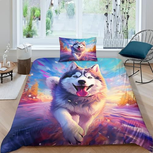 FSHAOETCO Husky für Cartoon Tier Bettbezug Bettwäsche Kinderbettwäsche Reißverschluss Mit Kissenbezügen Betten Set Für Jungen Und Mädchen, Kinder Single(1Tier5x200cm)