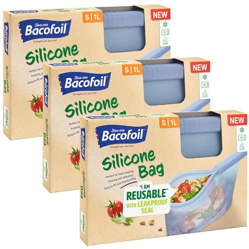 Bacofoil Reusable Silicone Food Bags - Food Storage Bags for Fresh Produce, Meal Prep, Soups - Reusable Freezer Bags for Fresh Keeping, Freezing & Reheating - Microwave & Dishwasher-Safe - 1L, 3-Pck