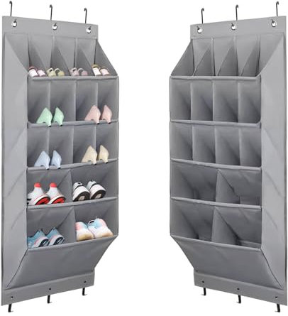 QUMENEY 1 Pack Over Door Shoe Organizer Hanging Shoe Rack with 16 Pockets Shoe Holder for Closet and Dorm Storage Shoe Hanger Organizer(Grey)