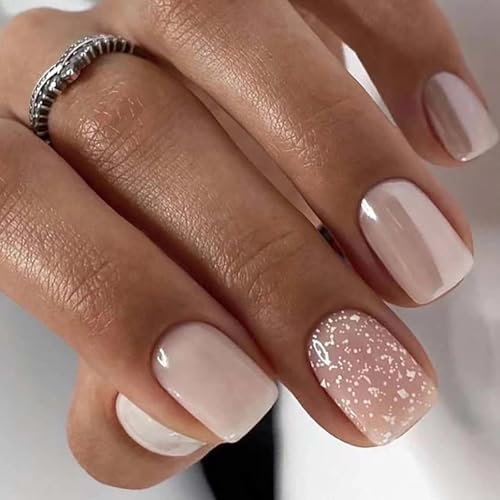 24pcs Short French False Nails - Almond Square Press On Full Cover Acrylic With Glue - Pink Pearl French Fake Stick-On for Women and Girls Nail Art