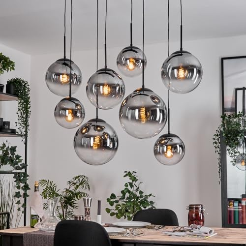 HOFSTEIN Hängeleuchte Gastor, 8-flammige Hängelampe aus Metall/Glas in Schwarz/Rauch/Klar, Retro/Vintage-Design (Ø 20, 25, 30 cm), E27, Pendelleuchte max. 130 cm, Esszimmer, Wohnzimmer, Küche