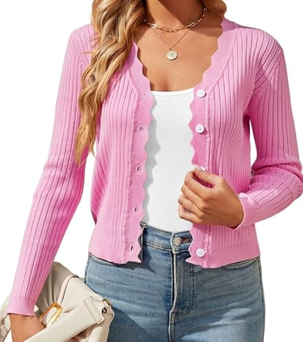 Placitiume Cardigan à manches longues et col en V pour femme – Pull en tricot boutonné, rose, M