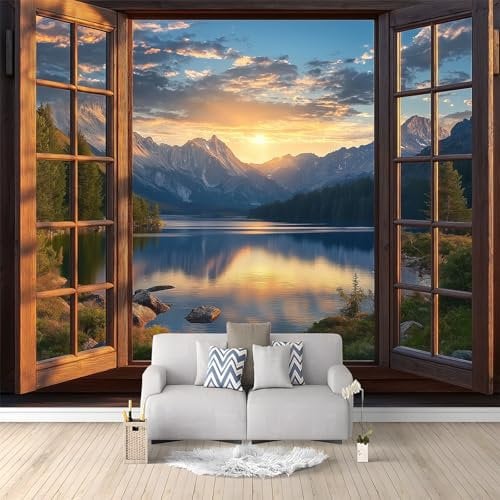 Mural de papel tapiz Paisaje 3D Con Marco De Madera Papel tapiz de póster no tejido Vistoso Revestimiento de paredes para dormitorio sala de estar y habitación de niños mural impreso 200 x 140 cm