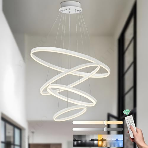 YYUTLUO Moderner DIY-Kreis-LED-Kronleuchter, 4 Weiß Ring, ∅20+40+60+80=100W, H200cm Höhe Verstellbar, Metall+Acryl, Dimmbare Fernbedienung, Runde Hängelampe, Wohnzimmer Schlafzimmer Restaurant Büro