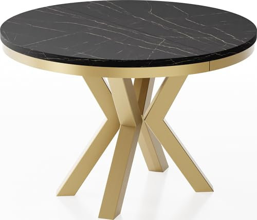 WFL GROUP Table à Manger Ronde Extensible Style Loft - Table Industrielle avec Pieds Métalliques Dorés - Table Gain De Place pour Salon - Marbre Noir - 100 à 180 Cm