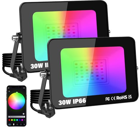 YOJZMA 2 confezione da 30W Faretto LED per esterni con spina, Intelligente RGB fai da te Scene Illuminazione paesaggistica con cambio colore con controllo APP, IP66 Impermeabile per giardini Cortili