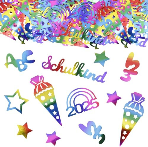 GoldRock 100 Stück Einschulung Deko Konfetti Glänzend Bunt, Schultüte Deko Einschulung Junge Mädchen, Schulkind 2025 Mädchen Jungen Streudeko, Abc 123 Zuckertüten Schuleinführung Schulanfang Tischdeko