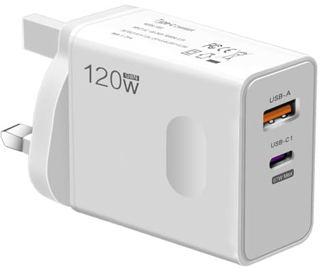 JINHENDS 120W USB Plug Fast Charge, 2-Port Multi Charger Plug UK Charging Power Adapter + QC Wall, Type C Charging Plug Hub for iPhone 16 15 14 13 12 Pro Max XS XR SE, Samsung, iPad, AirPods (White)