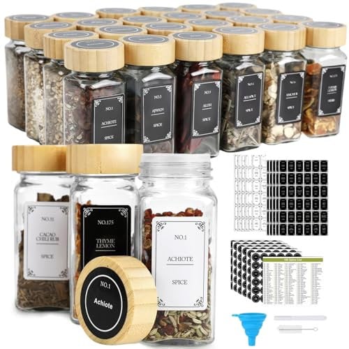 Cozary Botes Especias Cristal – Set de 24 Botes para Especias con Tapa de Bambú, 648 Etiquetas, Especiero con Doble Apertura, Ideal para Cocina y Organización