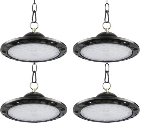 Fynokst UFO LED Lámpara de Alta Bahía 100W, 12800LM Focos Led Interior Techo, 6000K Lámpara Alta Bahía, Iluminación Impermeable IP66 Campana LED Industrial para Fábrica, Garaje, Taller 4PCS