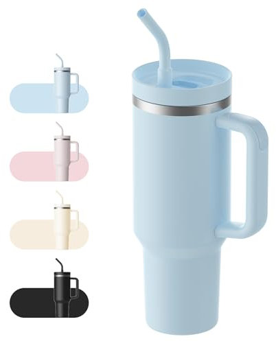 LEIKEEGO Travel Mug Coffee Cup, 1200ml/40oz Tumbler with Straw and Lid, Stainless Steel Double Wall Vacuum Insulated Coffee Cup with Handle-Keeps Cold for 24H-Hot for 12H(Blue)