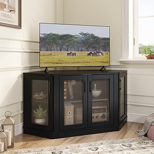 Panana Modern Corner TV Unit Stand Cabinet with 4 Doors and Shelves, Entertainment Center Media Console for Living Room Bedroom (Black)