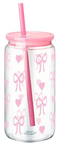 500ml Pink Bow Cups, Bow Plastic Straw Cups with Lids, Flower Girl Cup Smoothie Cup Pink Party Baby Shower, for Milk, Ice Water, Juice, Coffee, Soda,Cocktail,Cold or Hot Drinks (Style 2)