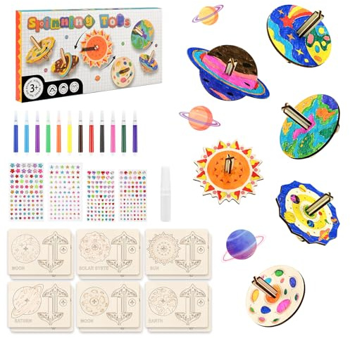 HOMIKLSA Holzkreisel Bausatz 12 Stück Holz Bastelset – Planeten Kreisel zum Bemalen, Bastelidee für Kindergeburtstag, Kreativ Spielzeug Geschenk für Jungen 5 6 7 8 9 Jahre