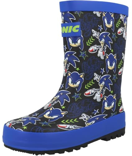 Sonic The Hedgehog Officially Licensed Kids Wellies Boys Waterproof Rubber Rain Boots with Grip Sole Blue Character Print Wellington Boots Children UK Shoe Size 8 to 1 UK
